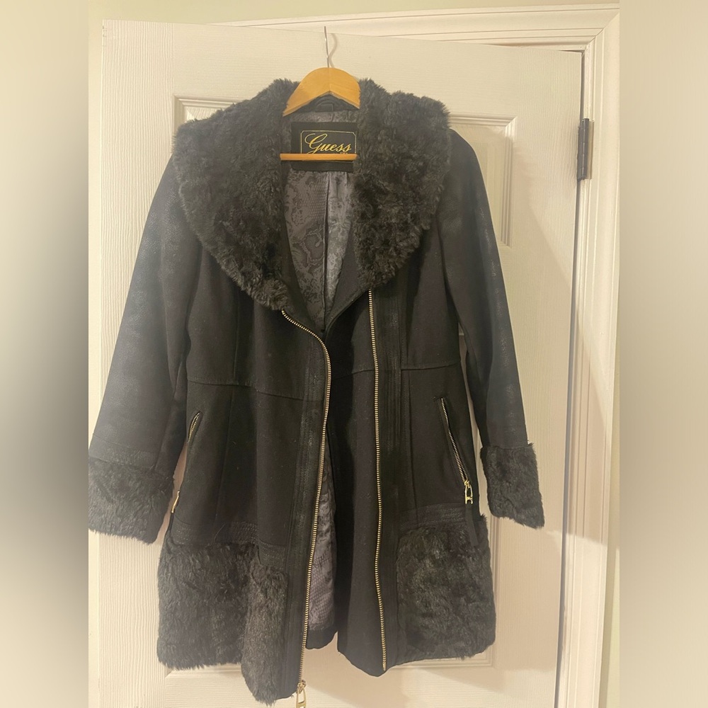 Guess black for fur jacket with gold zipper